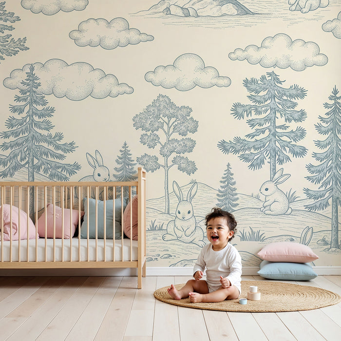 Papel de parede para quarto de bebé | Coelhinhos fofos numa paisagem natural