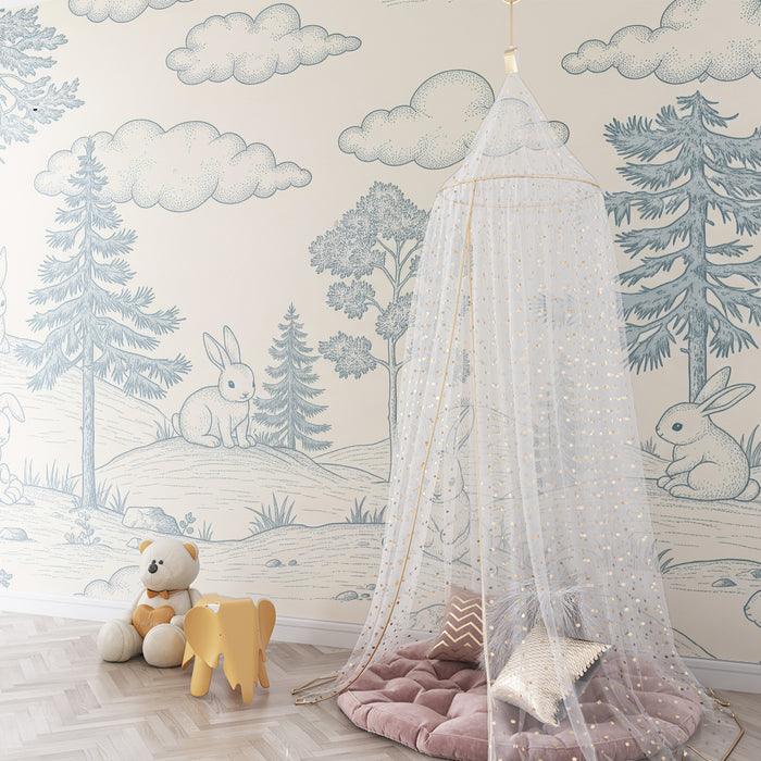 Papel de parede para quarto de bebé | Coelhinhos fofos numa paisagem natural