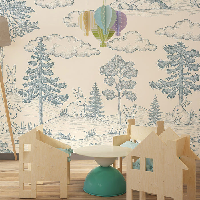 Papel de parede para quarto de bebé | Coelhinhos fofos numa paisagem natural