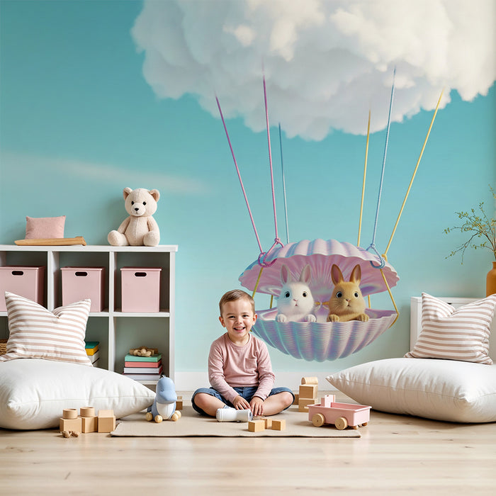 Papel pintado para habitación infantil | Globos aerostáticos con conejitos en las nubes
