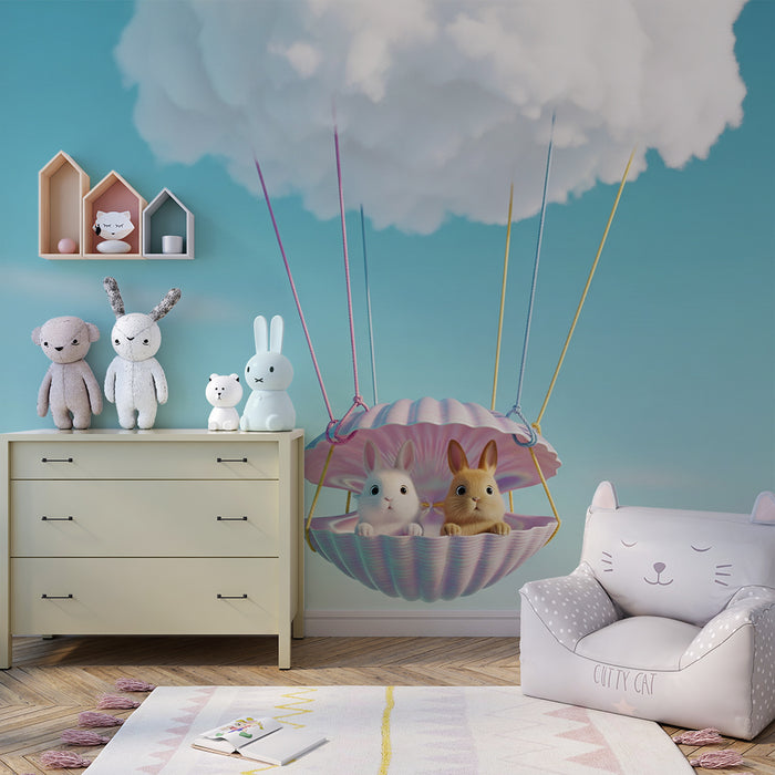 Papel pintado para habitación infantil | Globos aerostáticos con conejitos en las nubes