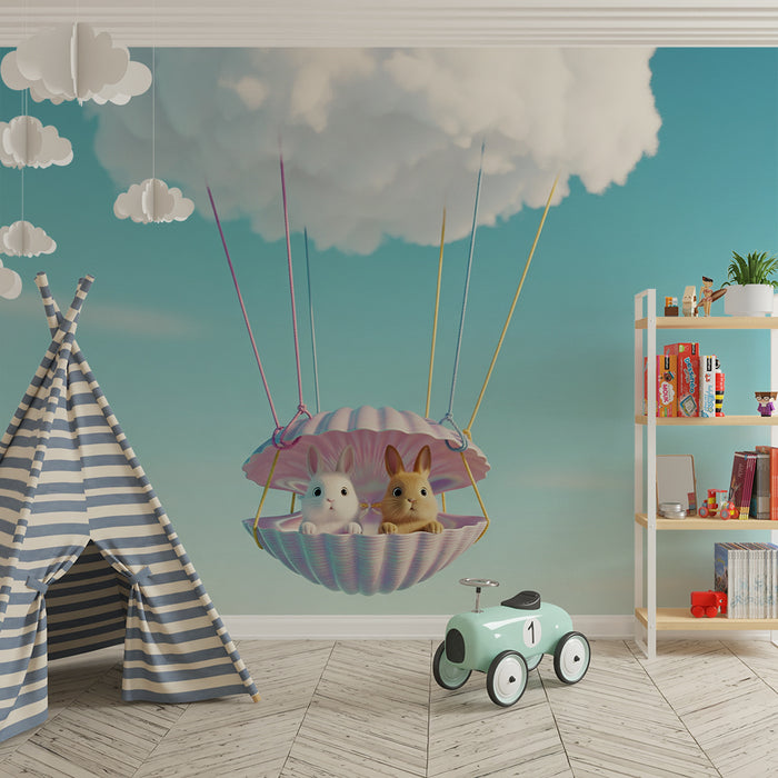 Papel pintado para habitación infantil | Globos aerostáticos con conejitos en las nubes
