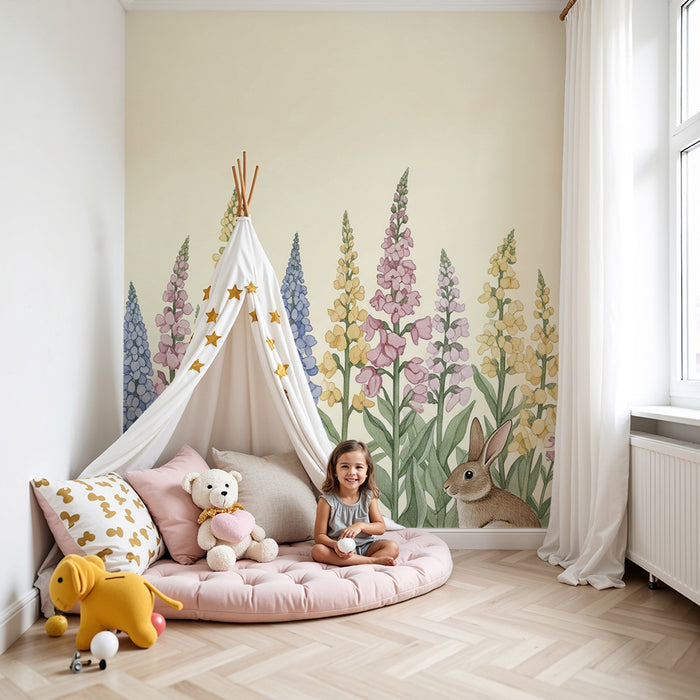 Babykamer behang | Schattige konijntjes omringd door kleurrijke bloemen