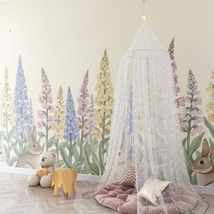 Babykamer behang | Schattige konijntjes omringd door kleurrijke bloemen
