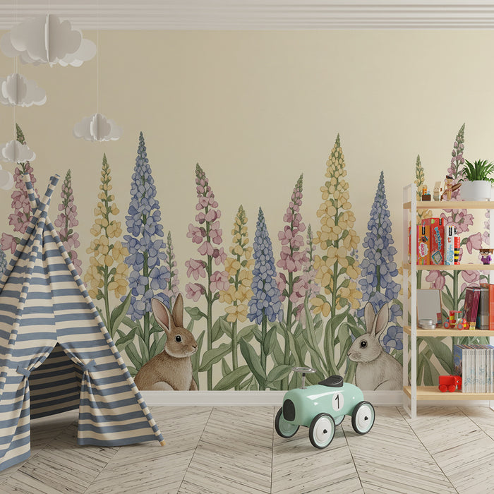 Babykamer behang | Schattige konijntjes omringd door kleurrijke bloemen