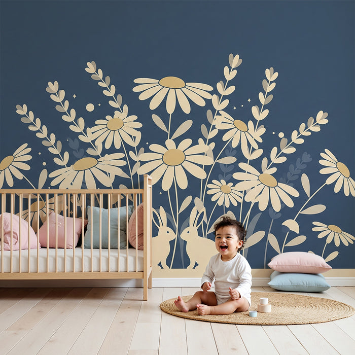 Lastenhuoneen tapetti | Suloiset puput ja kukkia peltojen taustalla sinisellä pohjalla