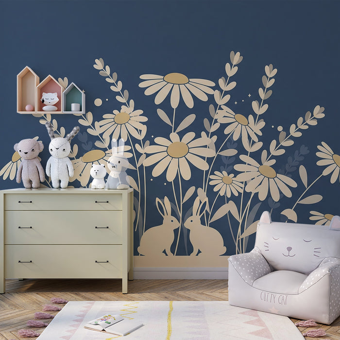 Lastenhuoneen tapetti | Suloiset puput ja kukkia peltojen taustalla sinisellä pohjalla