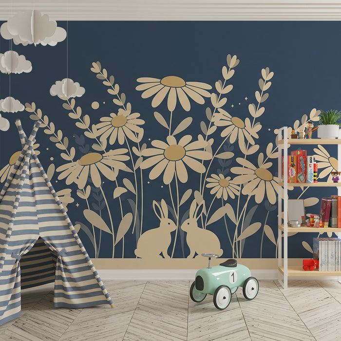 Lastenhuoneen tapetti | Suloiset puput ja kukkia peltojen taustalla sinisellä pohjalla