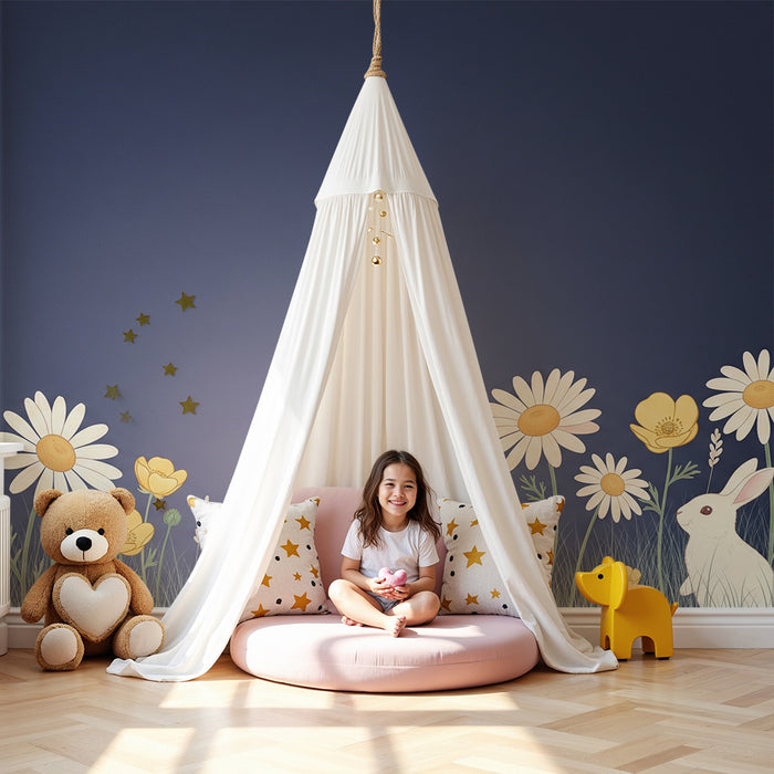 Lastenhuoneen tapetti | Suloiset puput ja kirkkaat kukat yönsinistä taustaa vasten