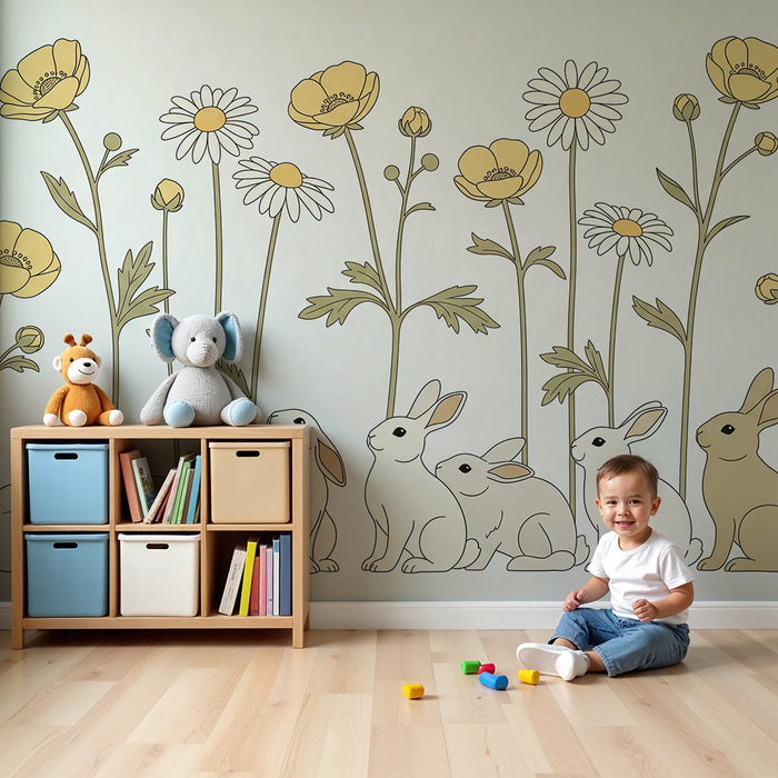 Barntapet | Söta kaniner bland ömtåliga blommor