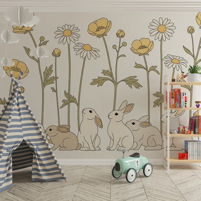 Barntapet | Söta kaniner bland ömtåliga blommor