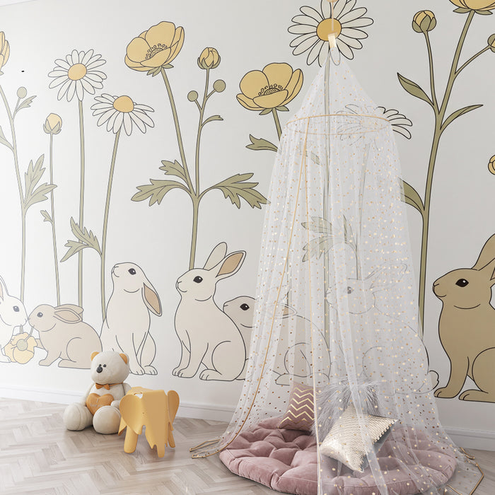 Barntapet | Söta kaniner bland ömtåliga blommor