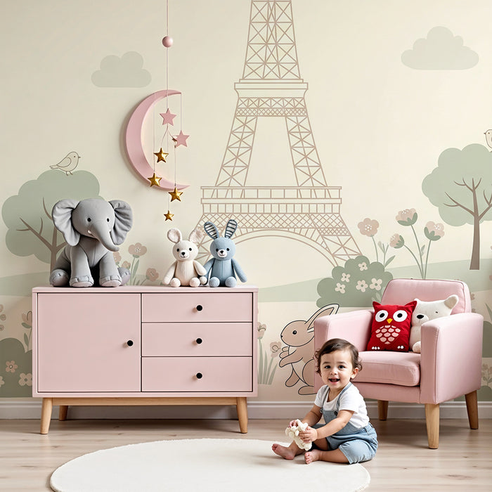 Tapete fürs Babyzimmer | Süße Hasen unter dem Eiffelturm in einem blühenden Garten