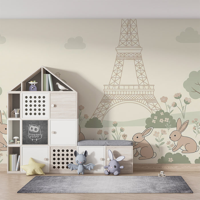 Tapete fürs Babyzimmer | Süße Hasen unter dem Eiffelturm in einem blühenden Garten