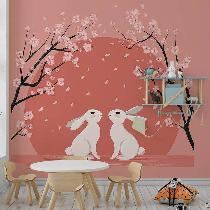 Børneværelse tapet | Søde kaniner under blomstrende kirsebærtræer