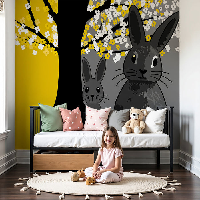 Papel de parede quarto bebê | Coelhos fofos sob uma árvore florida em um fundo amarelo