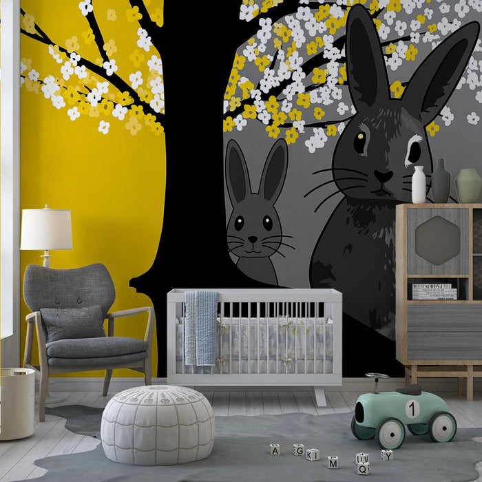 Papel de parede quarto bebê | Coelhos fofos sob uma árvore florida em um fundo amarelo