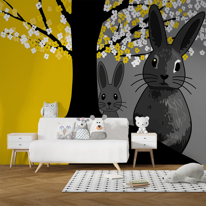 Papel de parede quarto bebê | Coelhos fofos sob uma árvore florida em um fundo amarelo