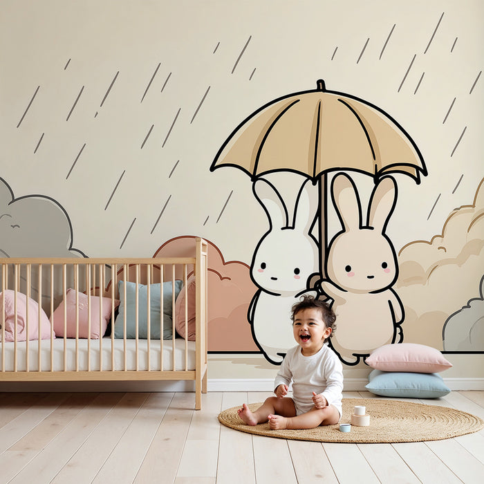 Nursery room wallpaper | Cute bunnies under an umbrella in a rainy landscape