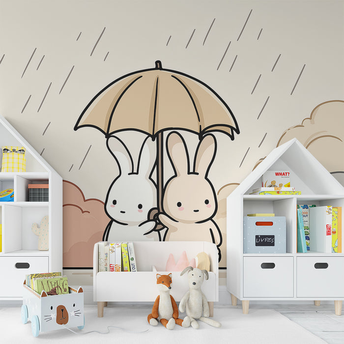 Nursery room wallpaper | Cute bunnies under an umbrella in a rainy landscape