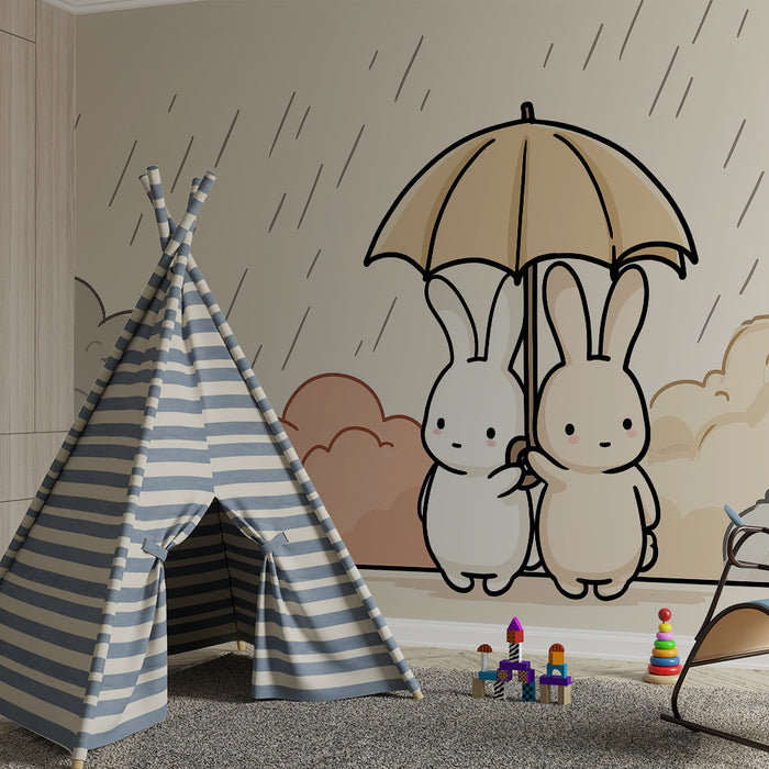 Nursery room wallpaper | Cute bunnies under an umbrella in a rainy landscape