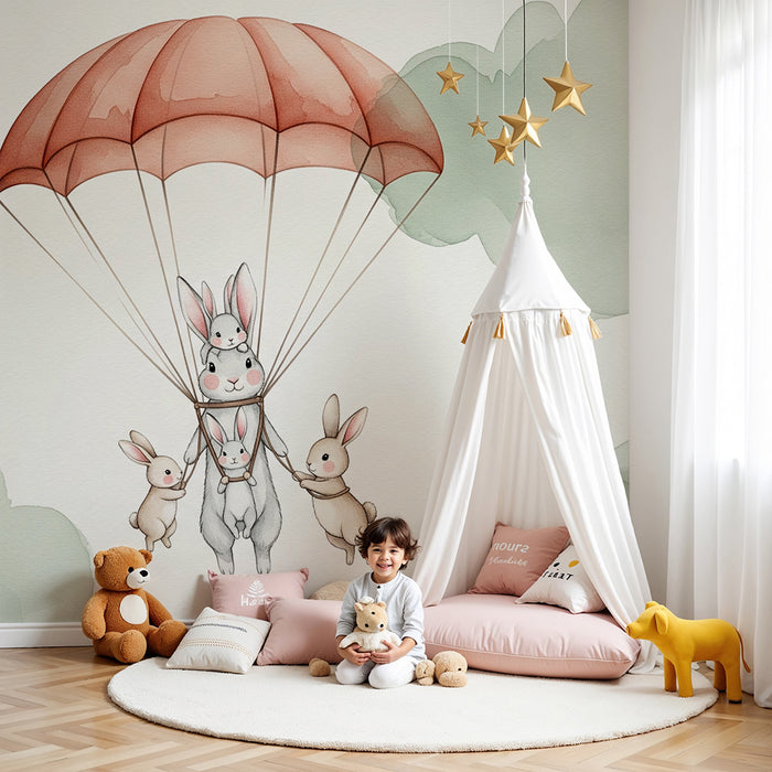 Papel pintado infantil | Conejos paracaidistas en las nubes