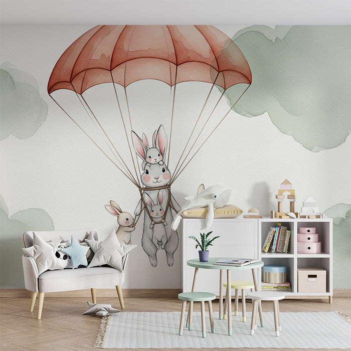 Papel pintado infantil | Conejos paracaidistas en las nubes