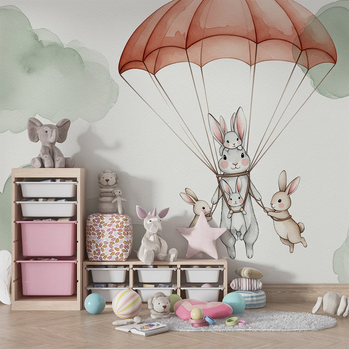 Papel pintado infantil | Conejos paracaidistas en las nubes