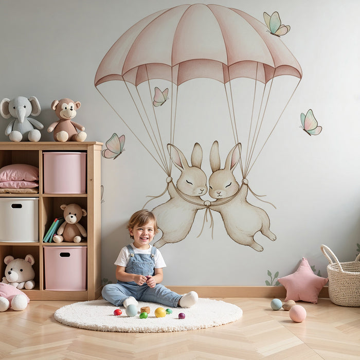 Papier peint chambre bébé | Lapins parachutistes et papillons