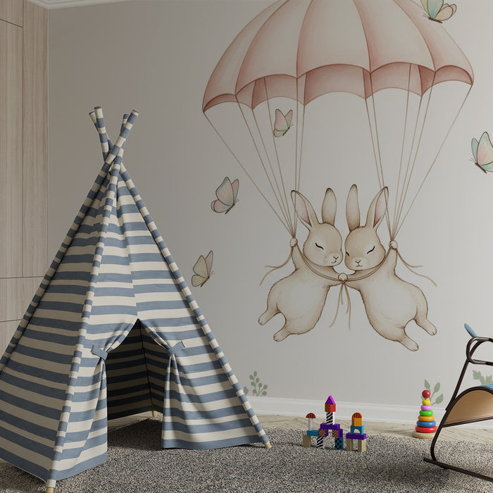 Papier peint chambre bébé | Lapins parachutistes et papillons