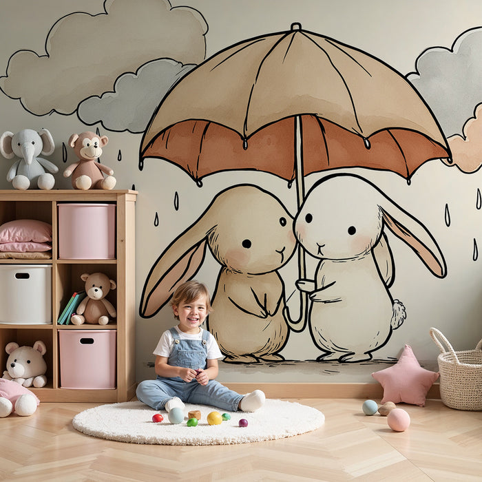 Nursery room wallpaper | Rabbits under an umbrella in a rainy setting