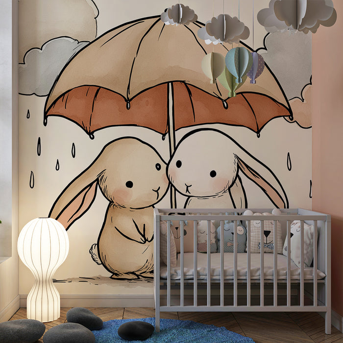 Nursery room wallpaper | Rabbits under an umbrella in a rainy setting