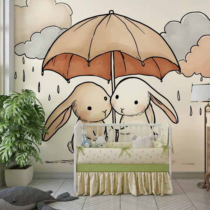 Nursery room wallpaper | Rabbits under an umbrella in a rainy setting