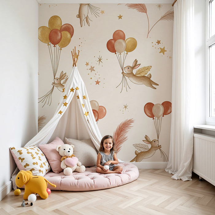Lastenhuoneen tapetti | Lentävät jänikset värikkäiden ilmapallojen ja kultaisten tähtien kanssa