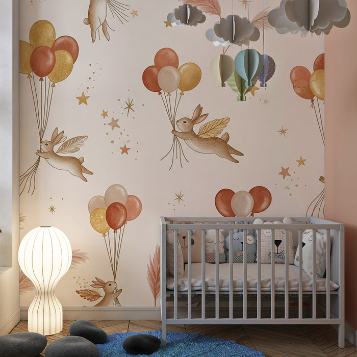 Lastenhuoneen tapetti | Lentävät jänikset värikkäiden ilmapallojen ja kultaisten tähtien kanssa