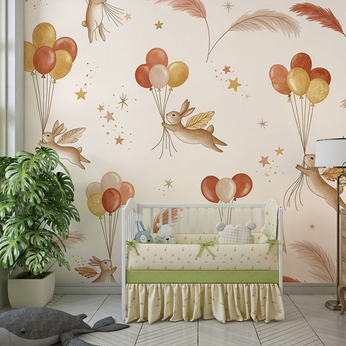 Lastenhuoneen tapetti | Lentävät jänikset värikkäiden ilmapallojen ja kultaisten tähtien kanssa