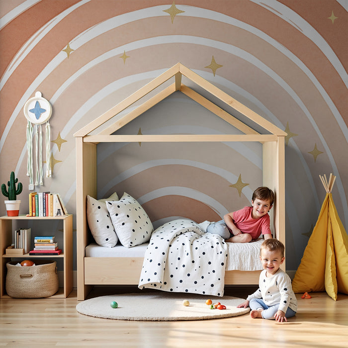 Babyzimmer Tapete | Großer Regenbogen mit goldenen Sternen