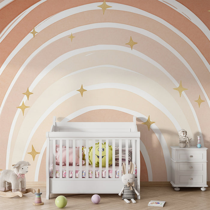 Babyzimmer Tapete | Großer Regenbogen mit goldenen Sternen