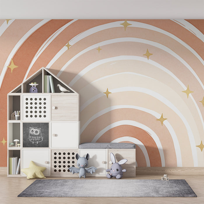 Babyzimmer Tapete | Großer Regenbogen mit goldenen Sternen