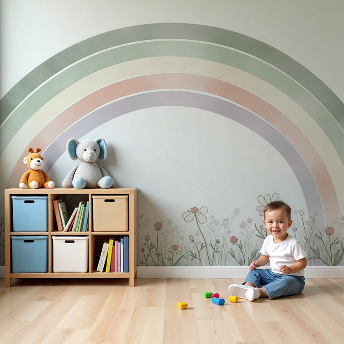 Barntapet | Stor pastellregnbåge med vilda blommor