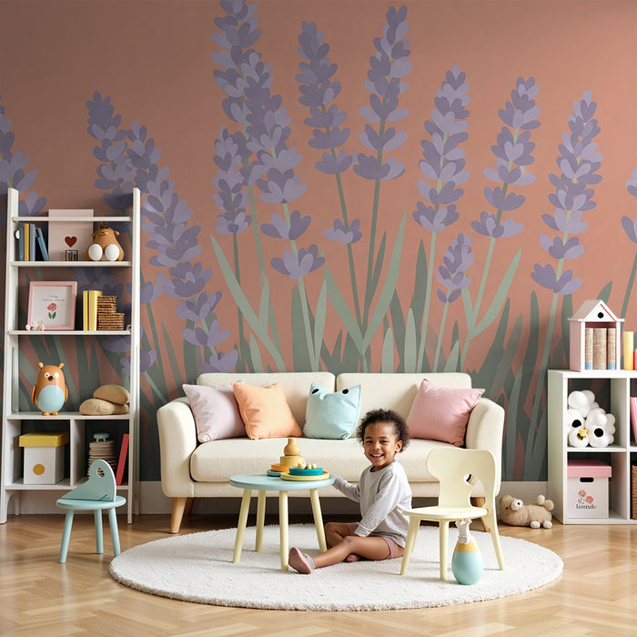 Nursery room wallpaper | Delicate lavenders on a coral background