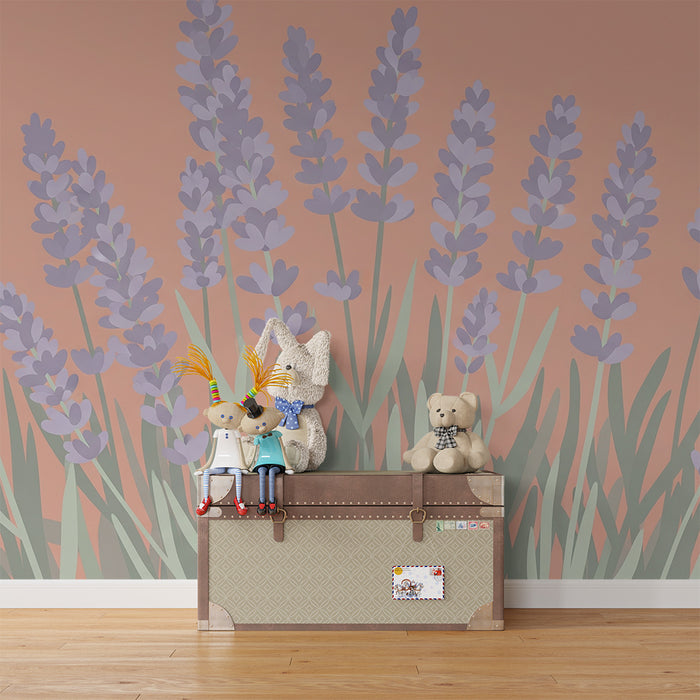 Nursery room wallpaper | Delicate lavenders on a coral background
