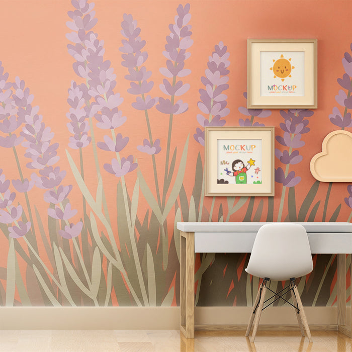 Nursery room wallpaper | Delicate lavenders on a coral background