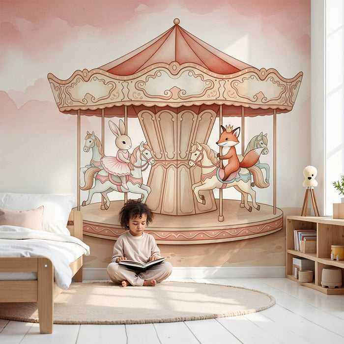 Papel pintado infantil | El carrusel encantado con amigos animales