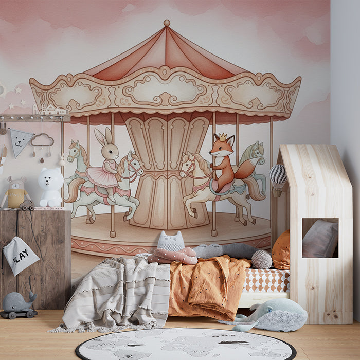 Papel pintado infantil | El carrusel encantado con amigos animales