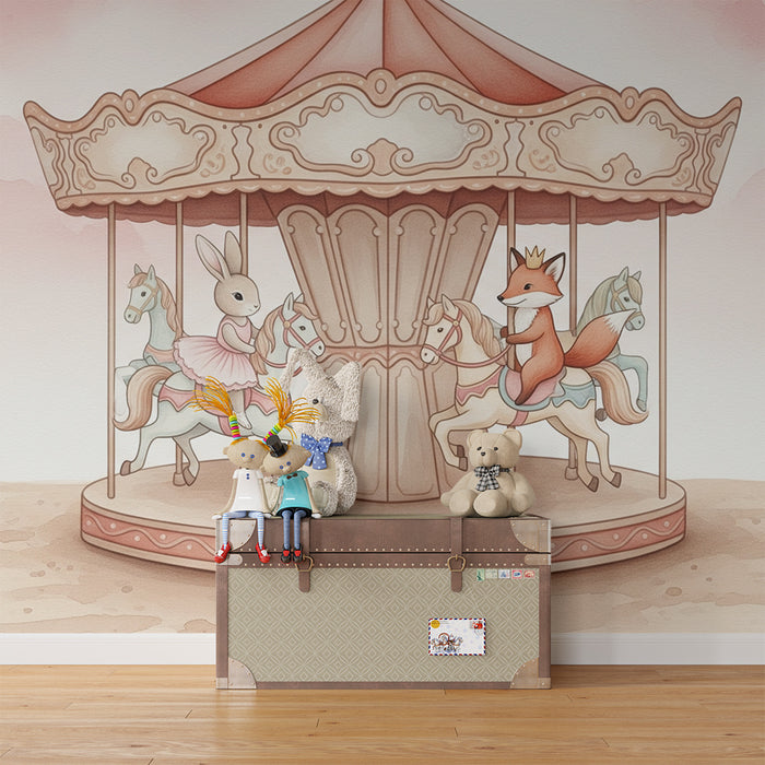 Papel pintado infantil | El carrusel encantado con amigos animales