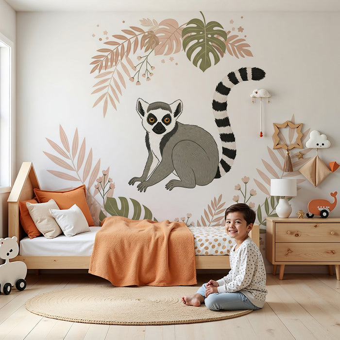 Papier peint chambre bébé | Lémurien entouré de feuillage doux et floral