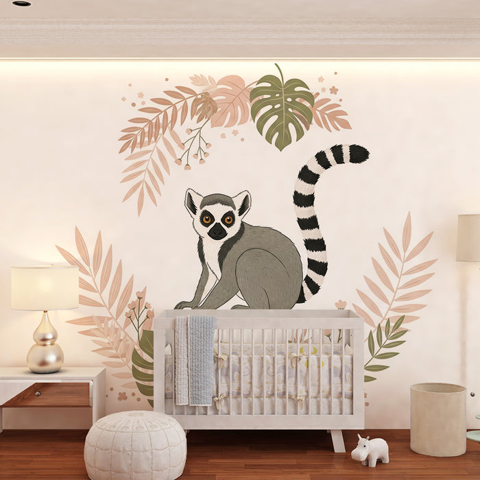 Papier peint chambre bébé | Lémurien entouré de feuillage doux et floral