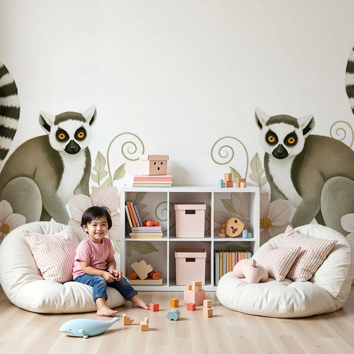 Papier peint chambre bébé | Lémuriens espiègles entourés de fleurs délicates