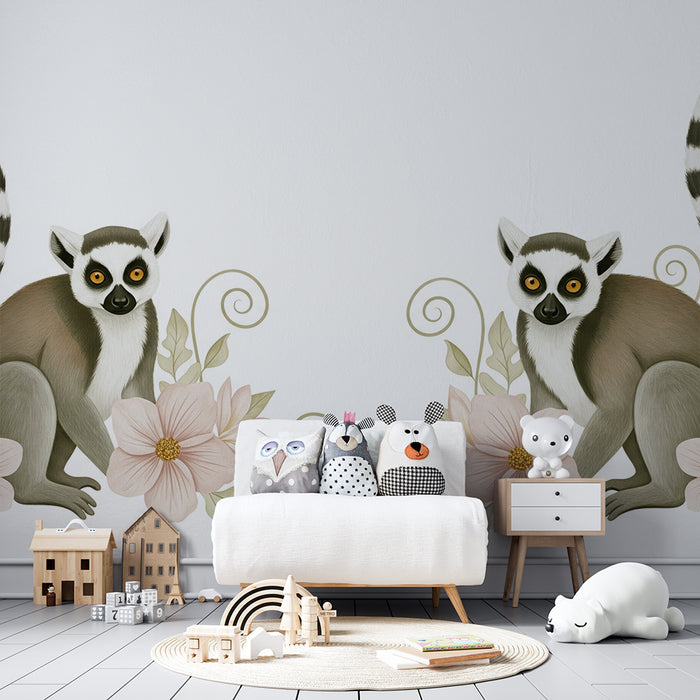 Papier peint chambre bébé | Lémuriens espiègles entourés de fleurs délicates